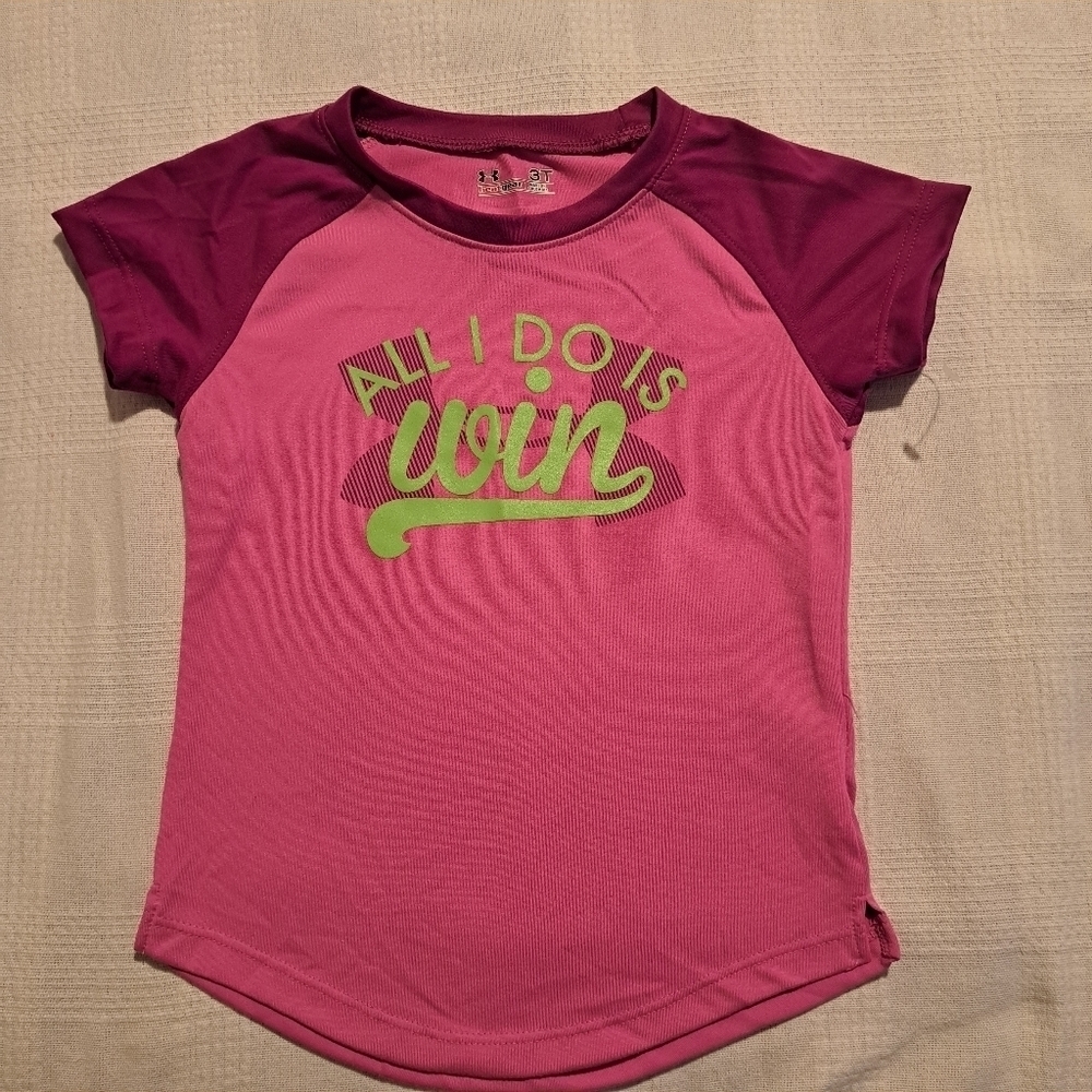 Under Armour girls 3T pink & purple shirt with lime printing, heat gear